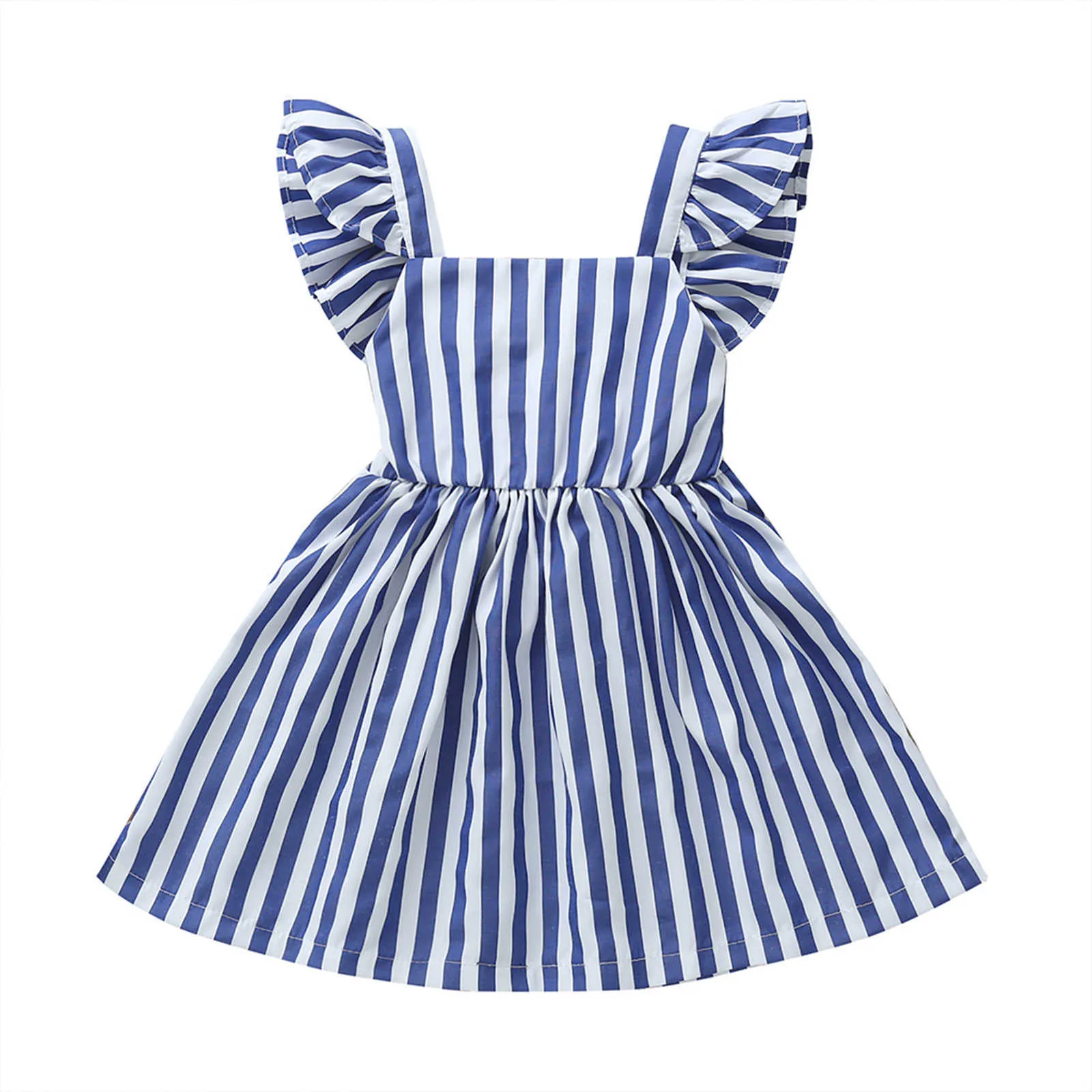 Sommar toddler Kid Girls Stripe Princess Dress Fly Sleeve Outfits Kläder Kid Kläder Barnkläder Vestido Q0716