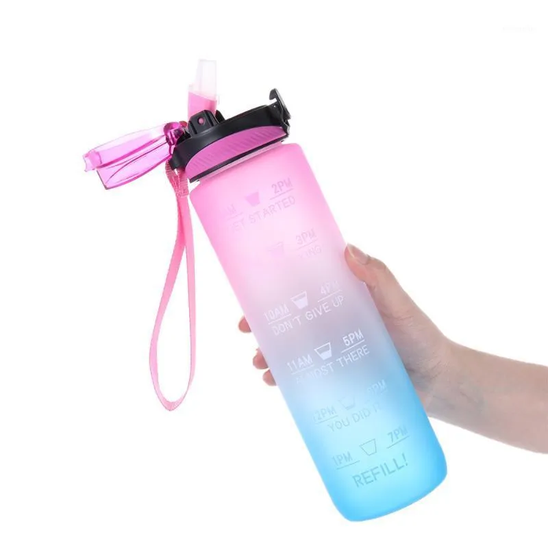 Water Bottle 1000 ML Reusable Scale Printed Bottles With Straw Outdoors Travel Sports Leakproof Design Times Marker