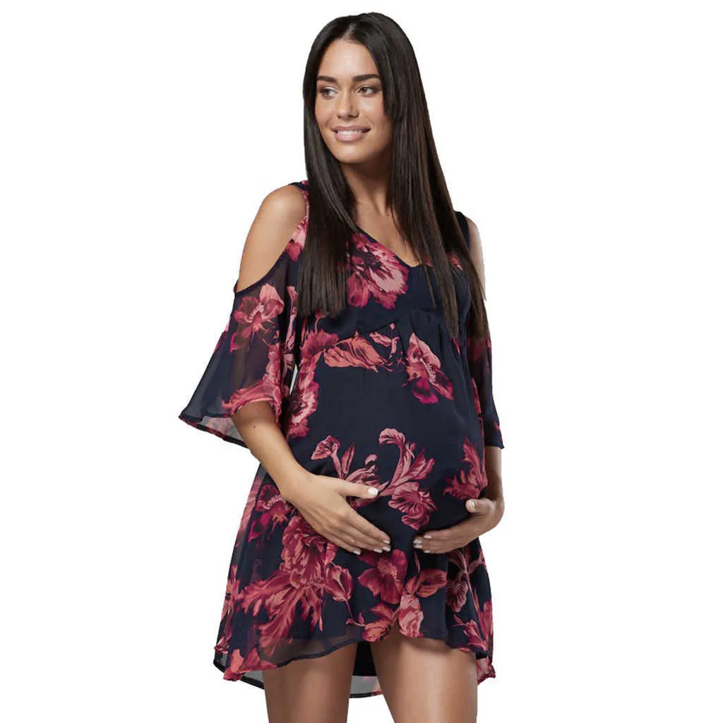 2019 Femmes Robe de grossesse Robes d'été Mini Enceinte Solide Maternité Photographie Vêtements Creux Out Robes de soirée X0902