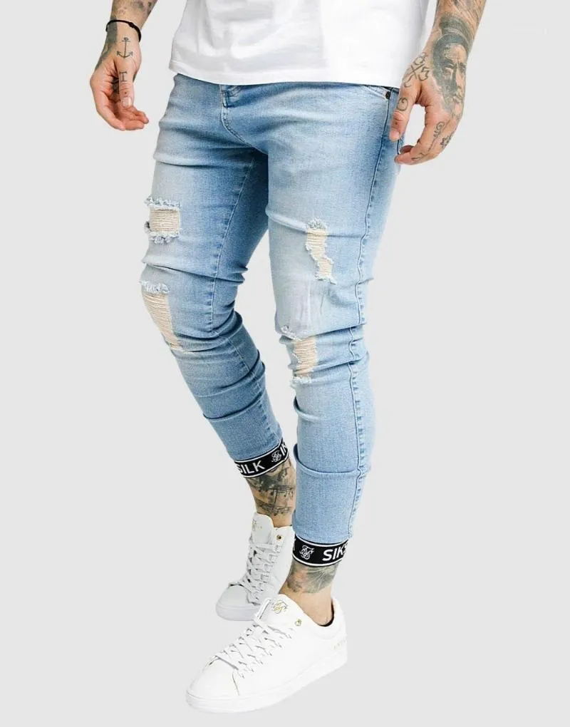 Mens Distressed Tech Cuff Denim Jeans In Blue Stylish Durable Jeans For Casual Wear From Damangguo 62.28 DHgate.Com