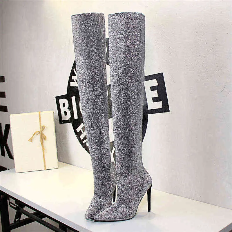 2021 Sexy Women Glitter Over The Knee Boots 11.5cm High Heels Winter Long Thigh High Boots Stiletto Heels Long Boots Party Shoes G1112