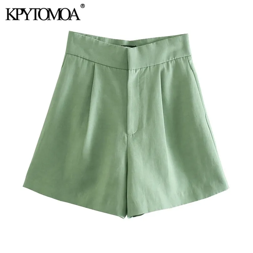 KPYTOMOA女性シックなファッションサイドポケットリネンバミューダショーツビンテージハイウエストジッパーフライ女性ショートパンツMujer 210719