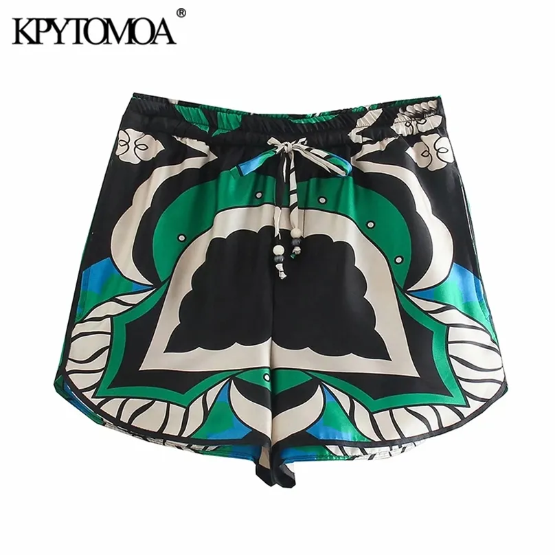 KPYTOMOA Moda Donna Tasche Laterali Stampato Bermuda Shorts Vintage Alta Elastico in Vita Prese d'Aria Pantaloni Corti Femminili Mujer 210719