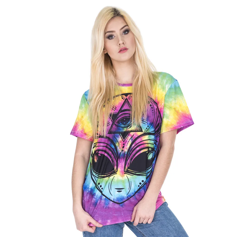 New Arrival Women Short Sleeve t shirt Colored Alien Printing Tee Shirt Fashion Casual Long T-Shirt 210306