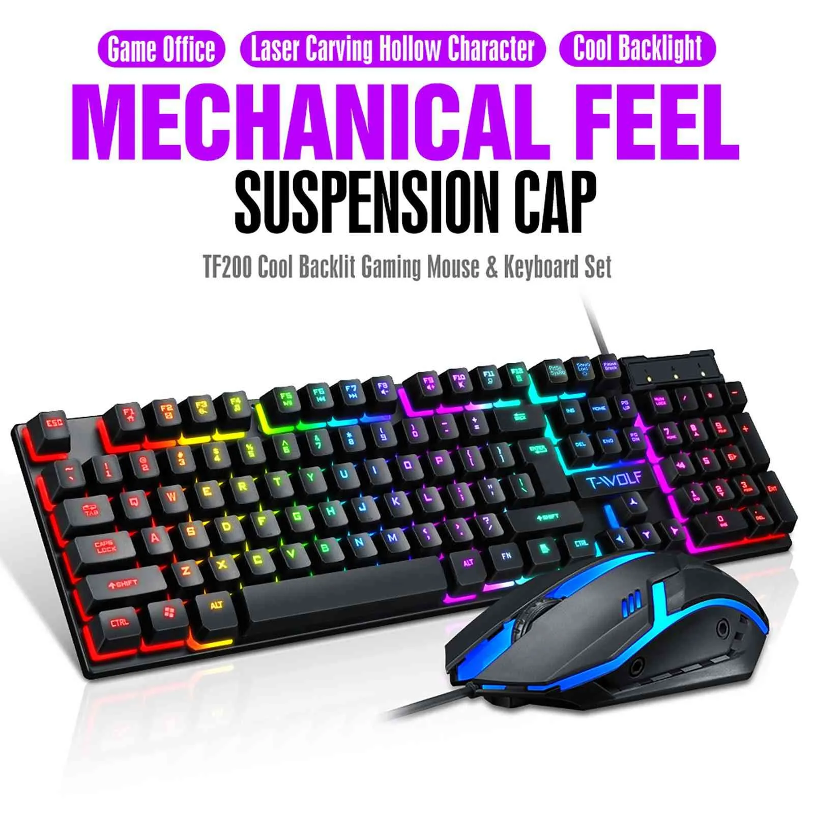 Set Rainbow Backlight Usb 2400DPI Gaming 104Key Wired keyboard Mouse Gamer Laptop PC Games