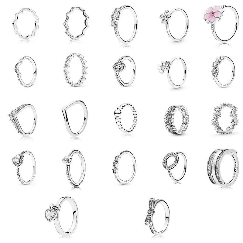 Anillo de solitario para mujeres 925 Series plateadas Plateado Diamante amante apilado anillos bricolaje simple joyería con Pandora Blanco Caja