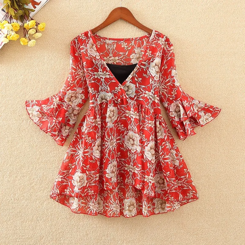 Chiffon Blouse Tps Floral Kimono Boho Ruffle Shirt Womens Tops and Blouses Plus Size Korean Harajuku Clothes Camisa Df2448 210315