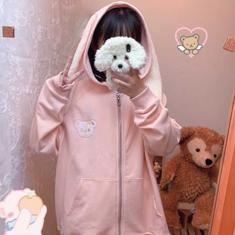 Kawaii Bunny Ears Wanakome Hoodie With Funny Bear Embroidery Pink