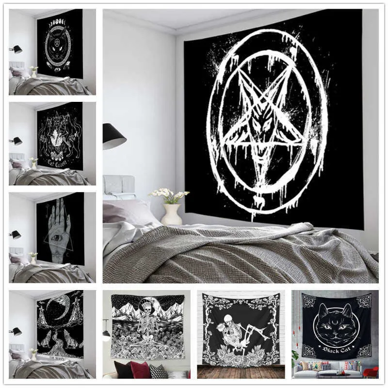 الخماسي العلم الشيطان التارو الأسود القط نسيج شنقا اليد الهبي القمر الذئب السحر ديكور قماش الجدار بطانية