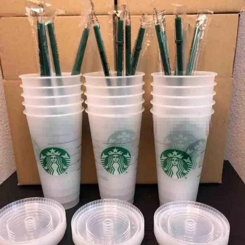 Free DHL Shipping Starbucks 24OZ/710ml Plastic Tumbler Reusable Clear Drinking Flat Bottom Cup Pillar Shape Lid Straw Mug Bardian 50pcs 496