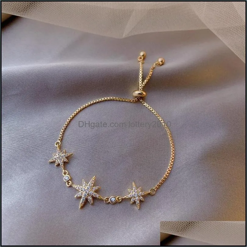 Gold Color Cubic Zirconia CZ Crystal Star Adjustable Charm Bracelets For Women Girls Cute Valentine`s Day Gift Jewelry Link, Chain