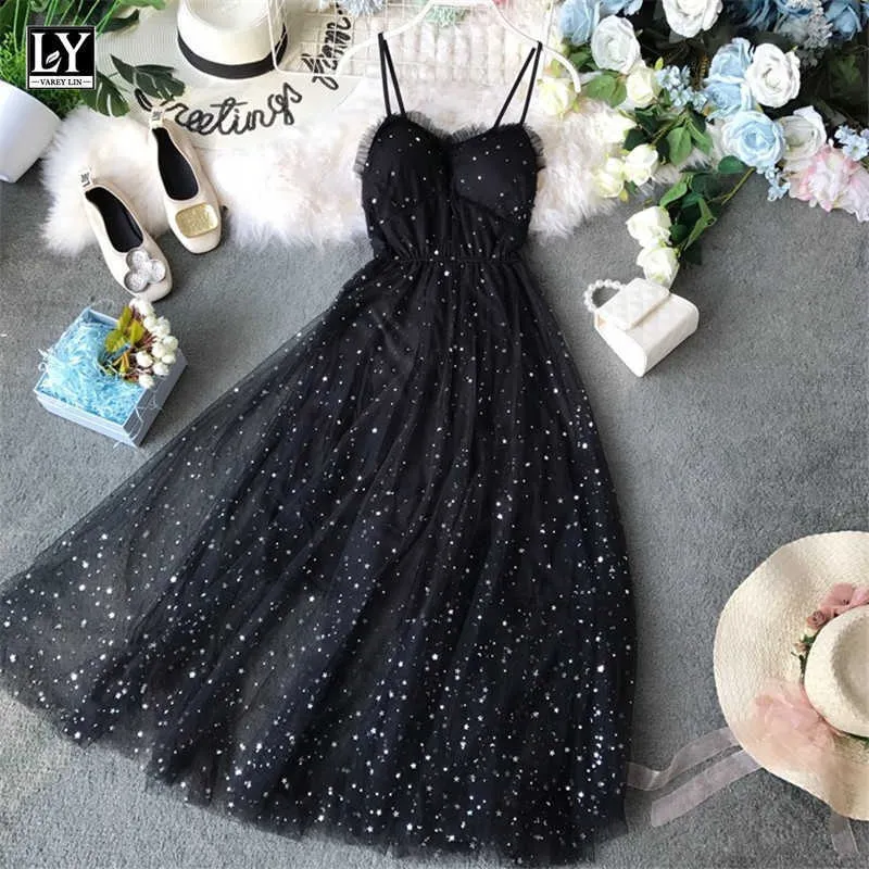 LY VAREY LIN Женские летние звезды V-образным вырезом без рукавов Vestidos Sexy Dress Aquined Party Mesh Beatwork Long ES 210526