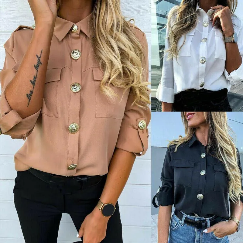 Kvinnors Blusar Skjortor Kvinnor Formell Casual Blouse Fashion Långärmad Fast Färgknapp Tunika Lady Girls 3 Färger