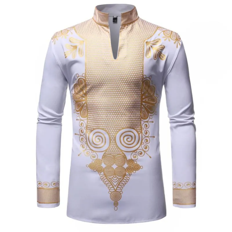 Vêtements ethniques Chemises Hommes Vêtements Africains Afrique Dashiki Imprimer Costume À Manches Longues Riche Bazin Tissu Col En V Coton Casual Tops Dentelle Mode Ro