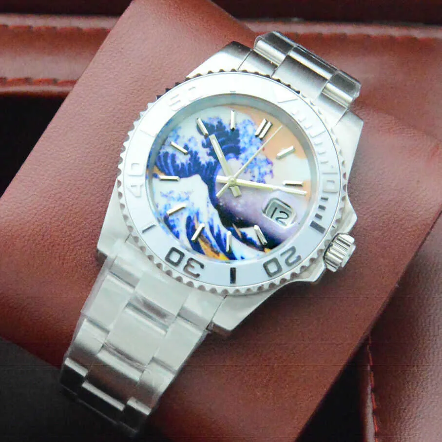 40MM Kanagawa Surfing No Dial Ceramic Ring Yacht Men's Automatic Mechanical Watch Stainless Steel Strap Q0902