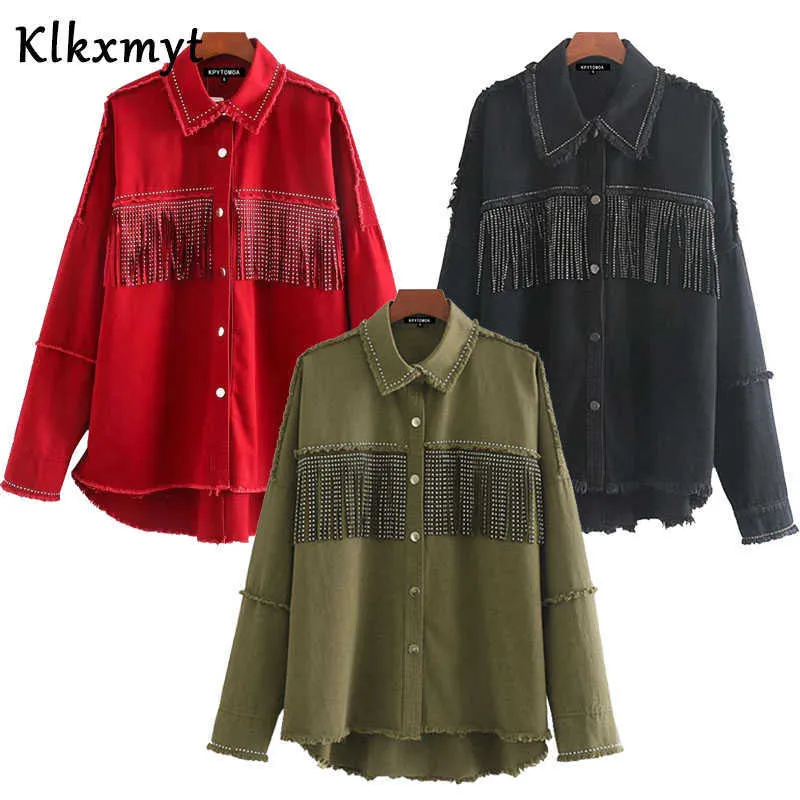 KLKXMYT DENIM Kurtka Płaszcz Kobiety Ulica Moda Oversized Tassel Vintage Długim Rękawem Siek Kobiet Odzież Odzież Odzieży Chic Topy 210527