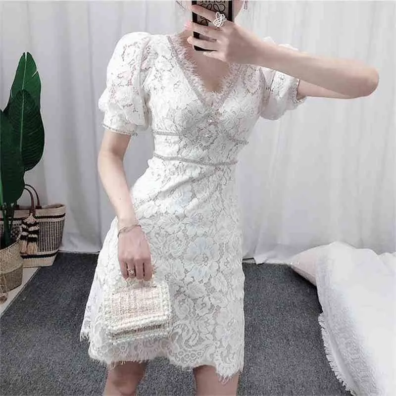French Summer Women's Elegant Slim Hollow Out Party Diamond Beaded Mesh Lace Vintage High Quality Dress Vestido 210603