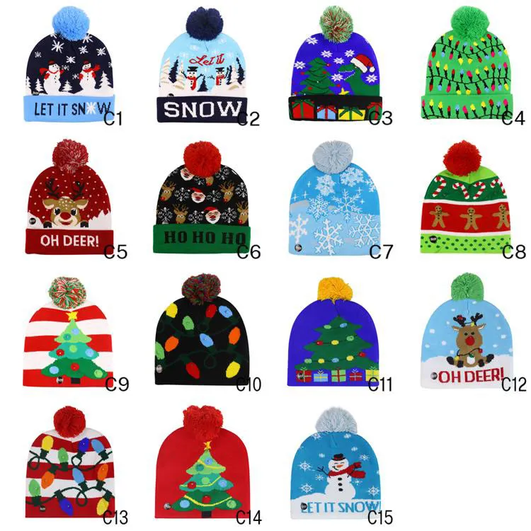 Weihnachtsmützen mit niedlichen Mustern und LED-Lichtern, Festival-Pom-Pom-Mütze, 56–60 cm, Totenkopfmützen, 15 Optionen, gemischt, Großhandel