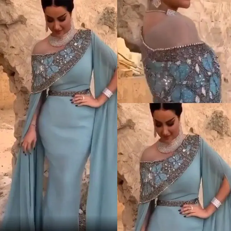 Dusty Blue Off Shoulder Mermaid Prom Dresses Plus Size Arabic Sequined Beaded Evening Wear Gown Poet Long Sleeves Formal Party Dress
