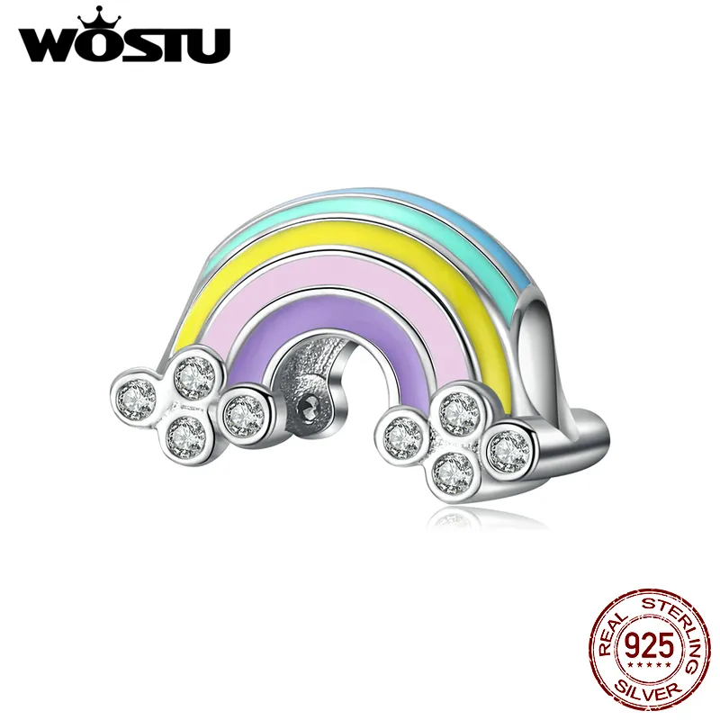 WOSTU Véritable 925 Sterling Argent Arc-En-Ciel Chanceux Perles Zircon Coloré Charme Fit Original Bracelet Pendentif 925 Bijoux CQC1425 Q0531