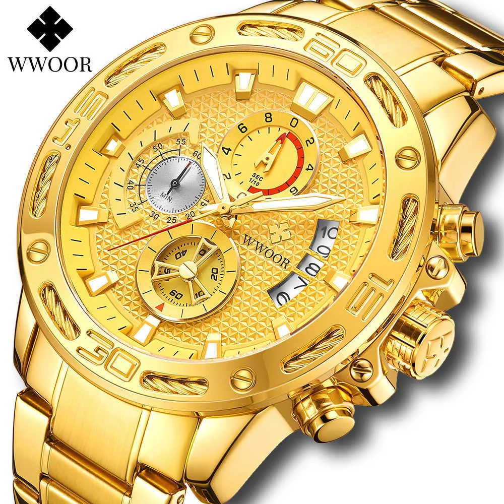 WWOOR Men Watches Luxury Waterproof Quartz Analog Gold Watch For Men Fashion Military Big Dial Male Sport Chronograph Clock 210527