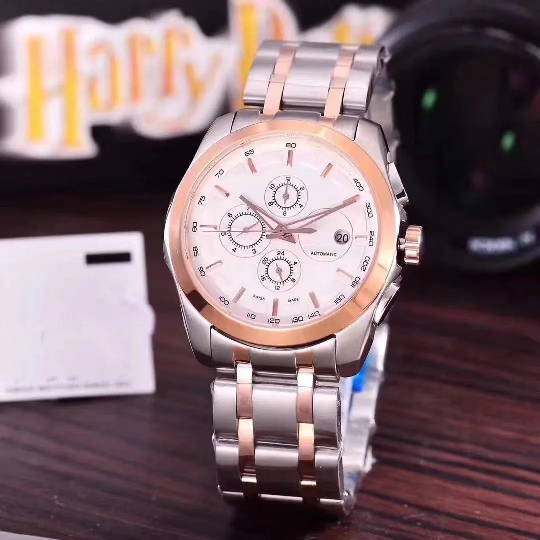 Relojes de pulsera automáticos para hombres, mesa de acero inoxidable, seis puntadas, fechas automáticas, máquina multifunción, pulsera de banda de cristal de zafiro, 42 mm, correa de estilo lujoso.