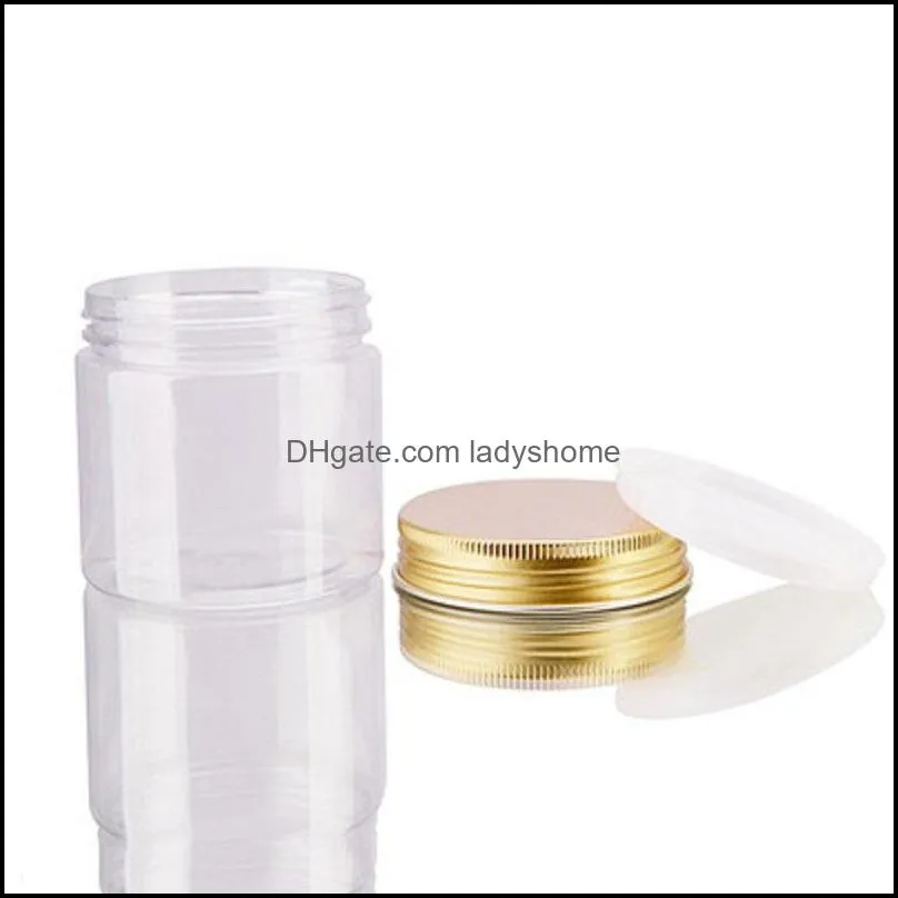 100ml 200ml Jars Transparent PET Plastic Storage Cans Boxes Round Bottle with gold Aluminum Lids HWD7038