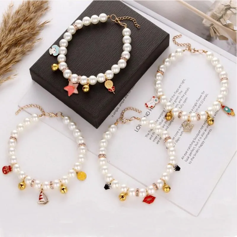 Cat Collars & Leads Rhinestone Necklace Imitation Pearl Neck Chain With Bells Collar Dog Pet Accessories Pendants