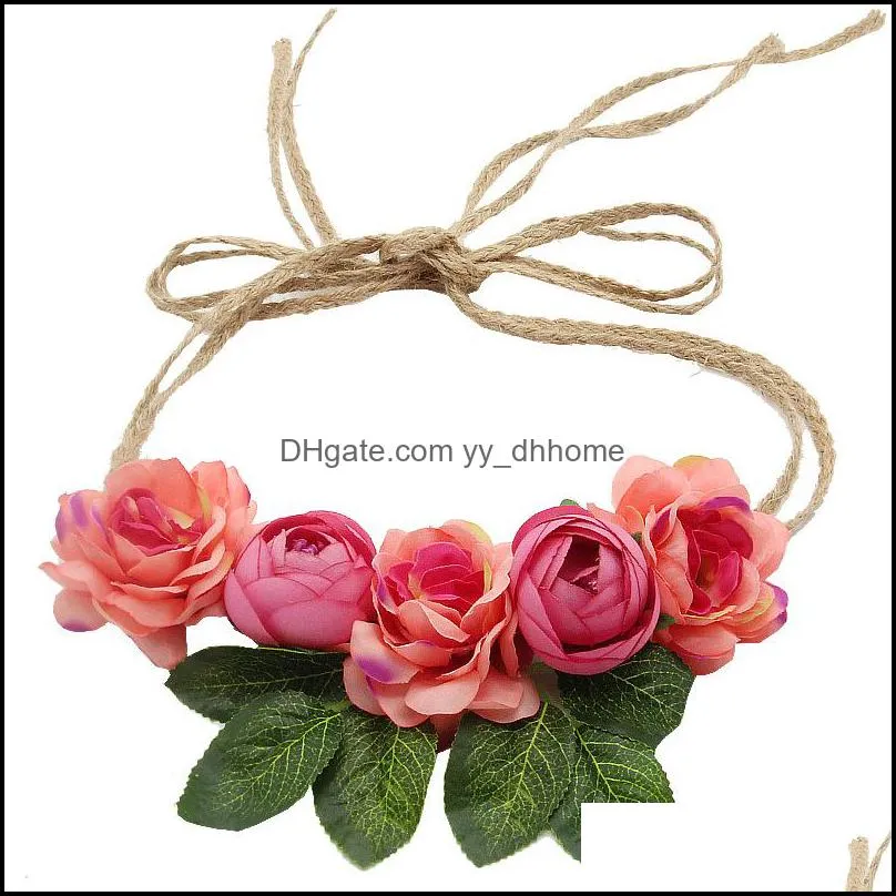 Rosa Flower Wreath Wedding Bridal Artificial Flower Head Tiara Crown Long Straps Floral Headband Woman Hair Accessories