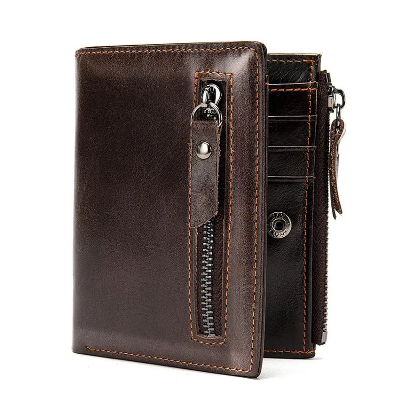 Carteiras Retro Coffee Soft Genuine Leather Men Wallet Business titular zíper bolsa de moeda de vaca curta masculino 2021