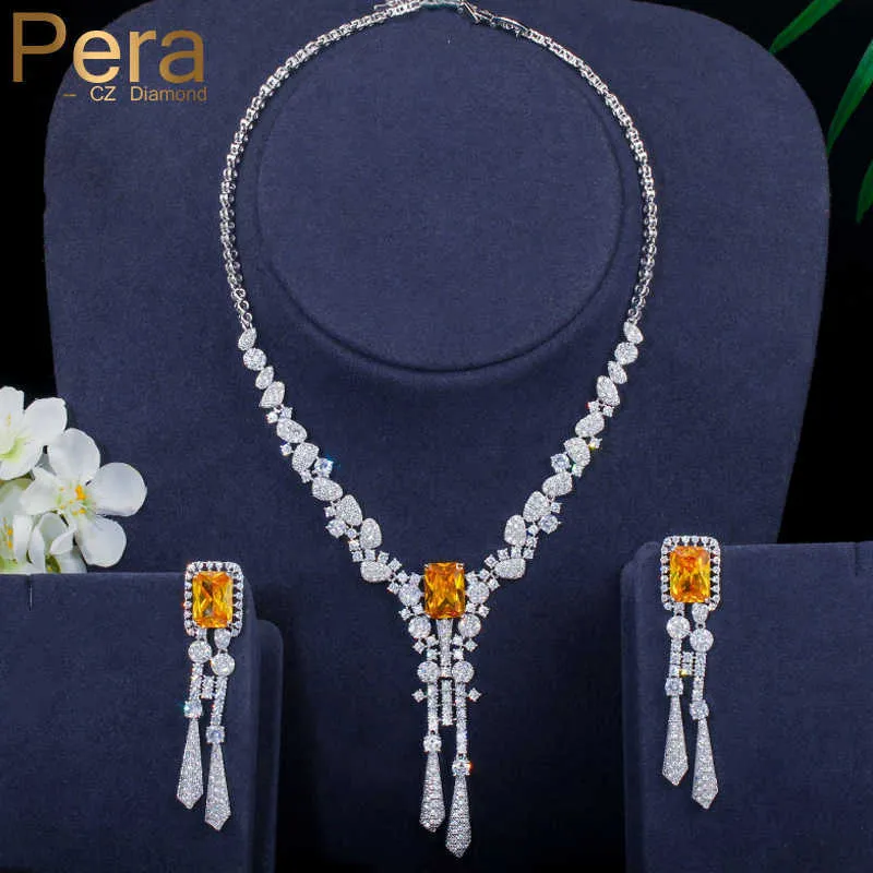 Pera Irregular CZ Champagne Square Long Tassel Dangling Drop Necklace and Earring Wedding Engagement Jewelry Set for Brides J298 H1022