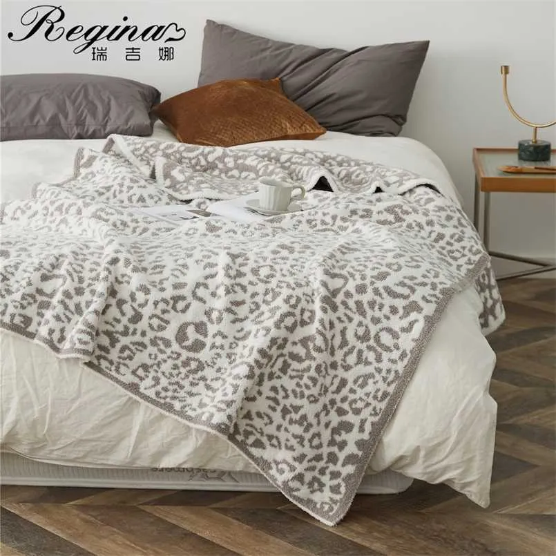 REGINA Delicate Knitted Leopard Print Blankets Winter Warm Faux Fur Microfiber Stich Plaid Bedspread Fluffy Adult Blanket Throw 211122