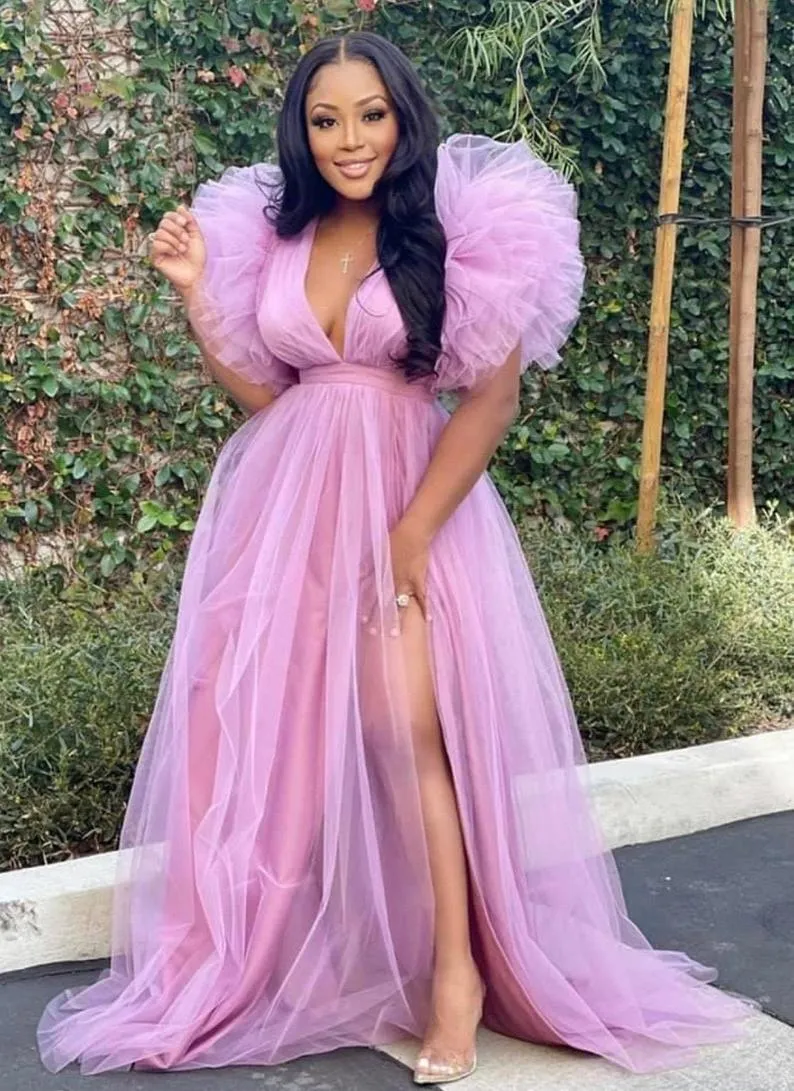 Gorgeous Pink Ruffle Sleeve Tulle Evening Dresses 2022 A Line Deep V-neck Side Spilt Floor Length Prom Gowns For Pregnancy