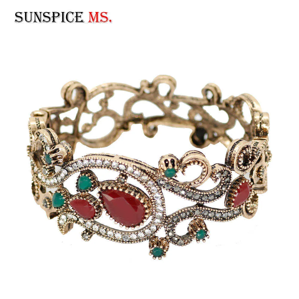 Sunspice-MS Turkse bloem vintage armband voor vrouwen antieke goud multicolor hars etnische bruiloft manchet armband bruids sieraden Q0719