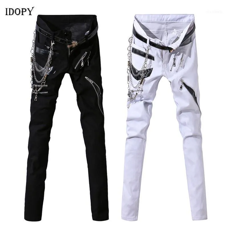 Idopy Men Hip Hop Jeans With Chain Patchwork Leather Punk Gothic Party Stage Multi Zippers Night Club Pants For Man1