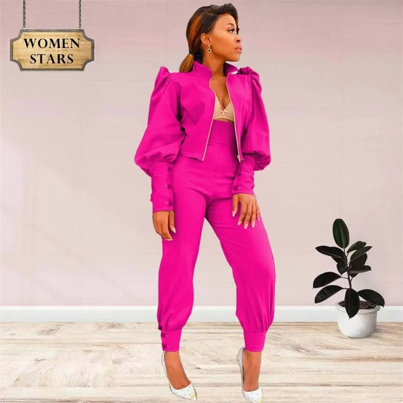 Two Pieces Set Women Outfits Tracksuit Women Puff Sleeve Zip Top Elastic Waist Pencil Pants Fall Clothes Wholesale Drop 211007
