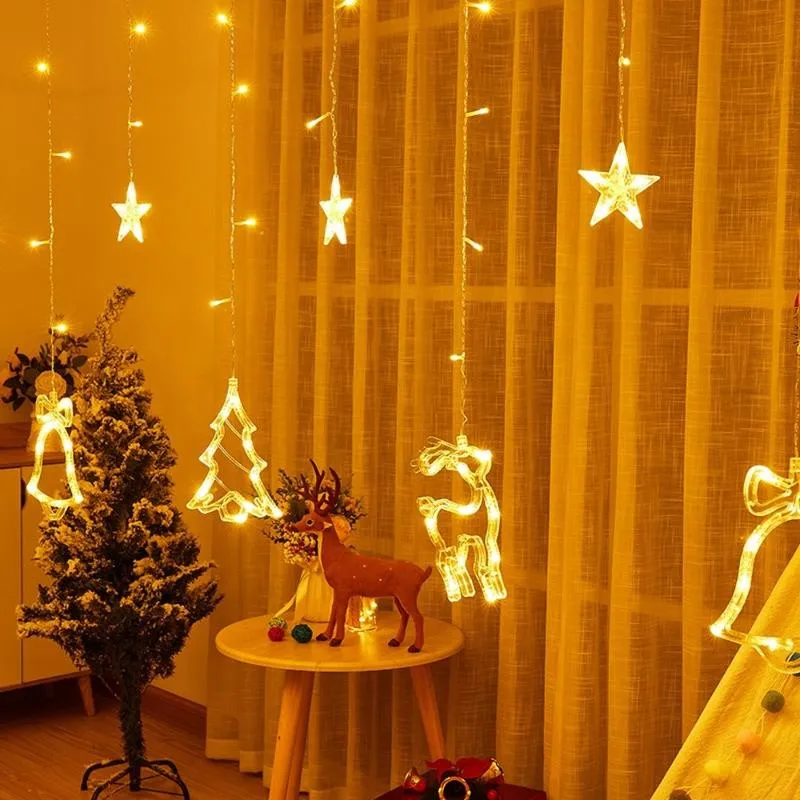 Saiten LED Hirsch Baum Glocken Stern Vorhang Licht 220V Weihnachten Girlande String Fairy Lichter Im Freien Für Home Hochzeit party Jahr Dekor