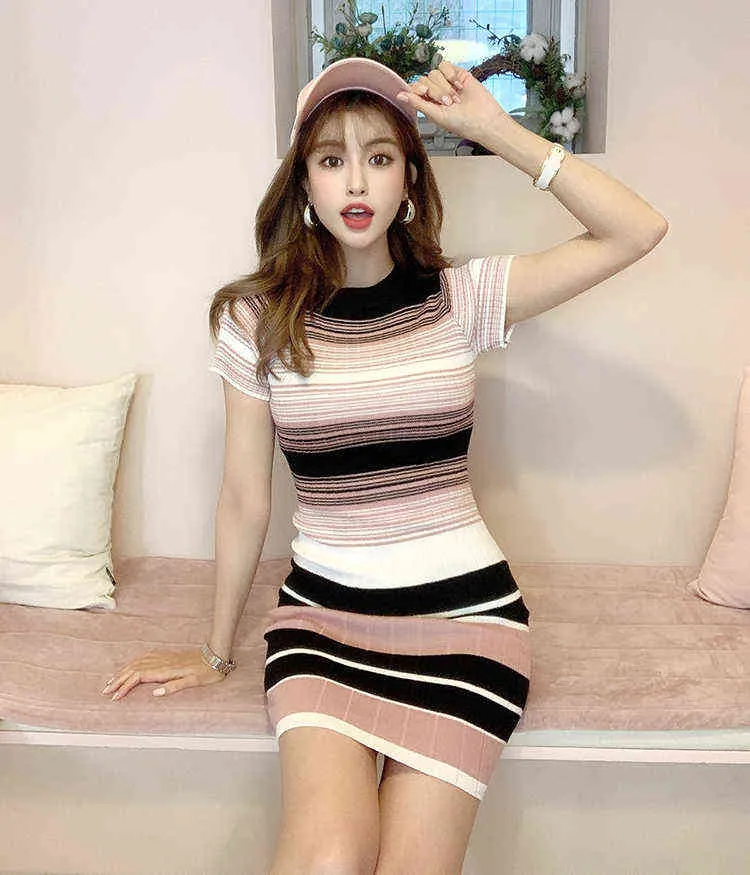 summer autumn woman's sexy sweater dress women above knee short sleeve stripe knit sheath mini dress female G1214