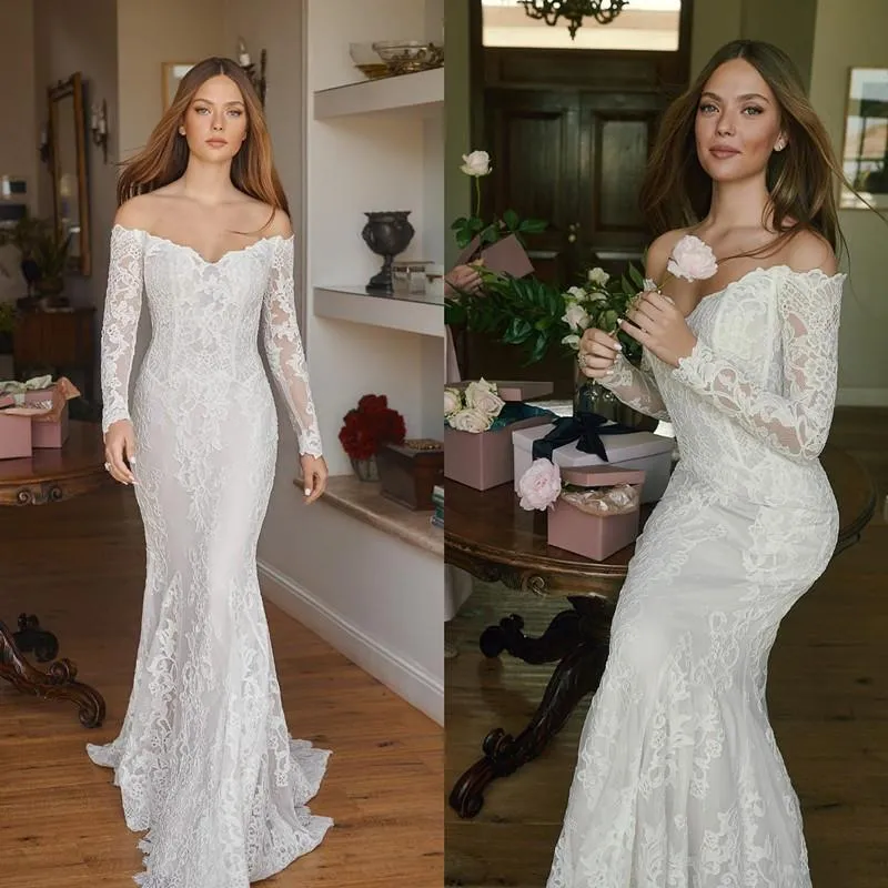 Sleeves Lace Long Mermaid Wedding Dresses Bridal Gown Off The Shoulder Vestido De Novia Custom Made Plus Size 2021 Sweep Train Boho Beach