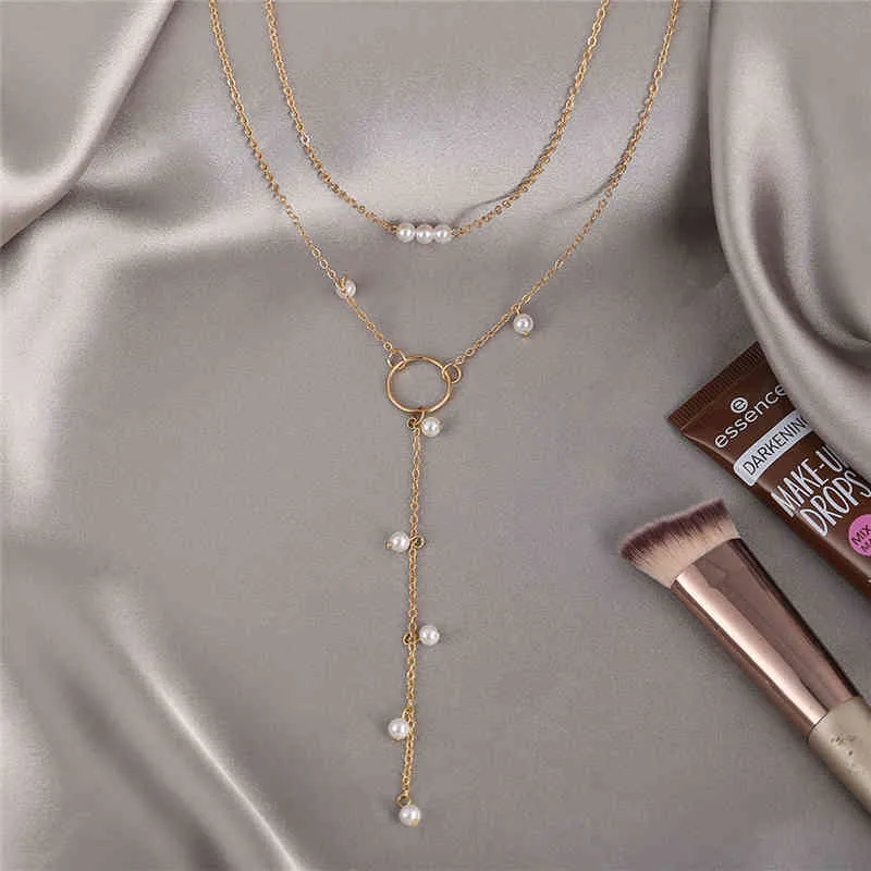 2021 Fashion Double Layer for Women Pearl Long Pendant Necklace Trend Choker Chain Jewelry Gifts