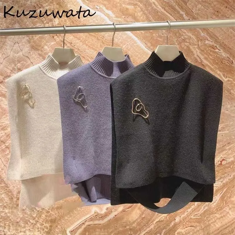 Kuzuwata Herbstpullover Japanischer fester Rollkragen-Seitenschlitz ärmellose Brosche Strickpullover Mode süßer Pullover 211218