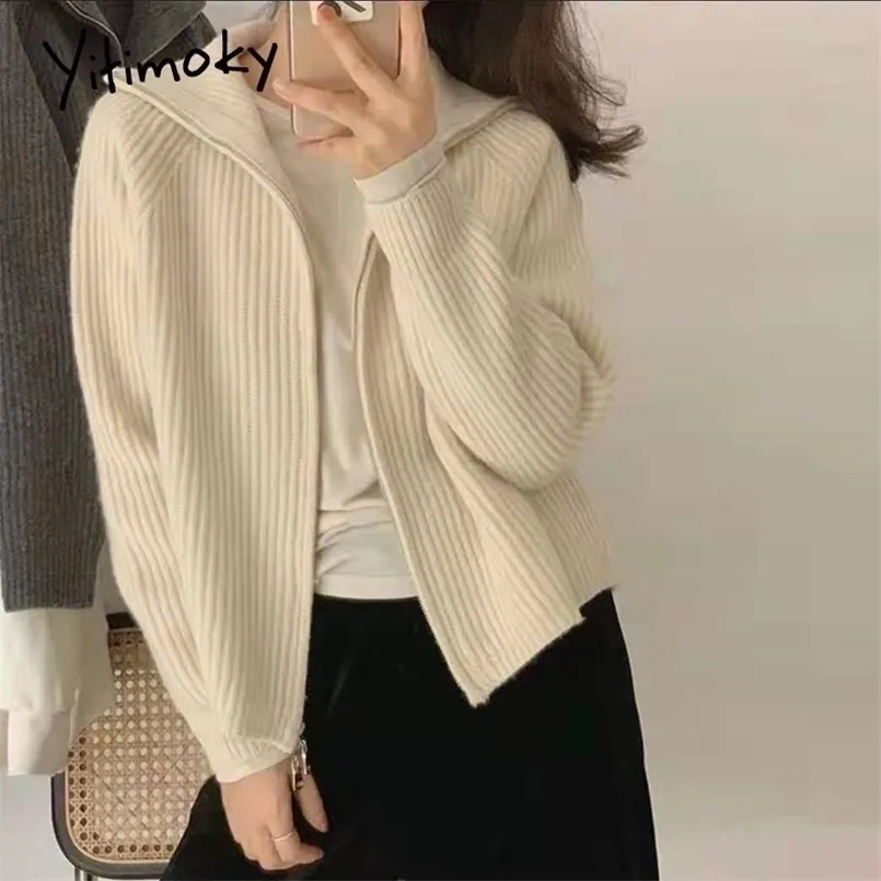 Yitimoky Cardigan Kobiety Spadek Sweters Knit Topy Harajuku Czarny Koreański Moda Zimowe Ubrania Beżowy Paski Casual Zipper 211103