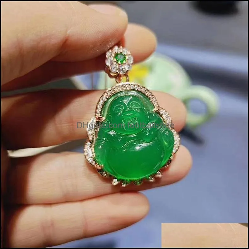 High Ice Chalcedony Charms Maitreya Buddha Pendant Gold Inlaid with Jade Full of Green Sun