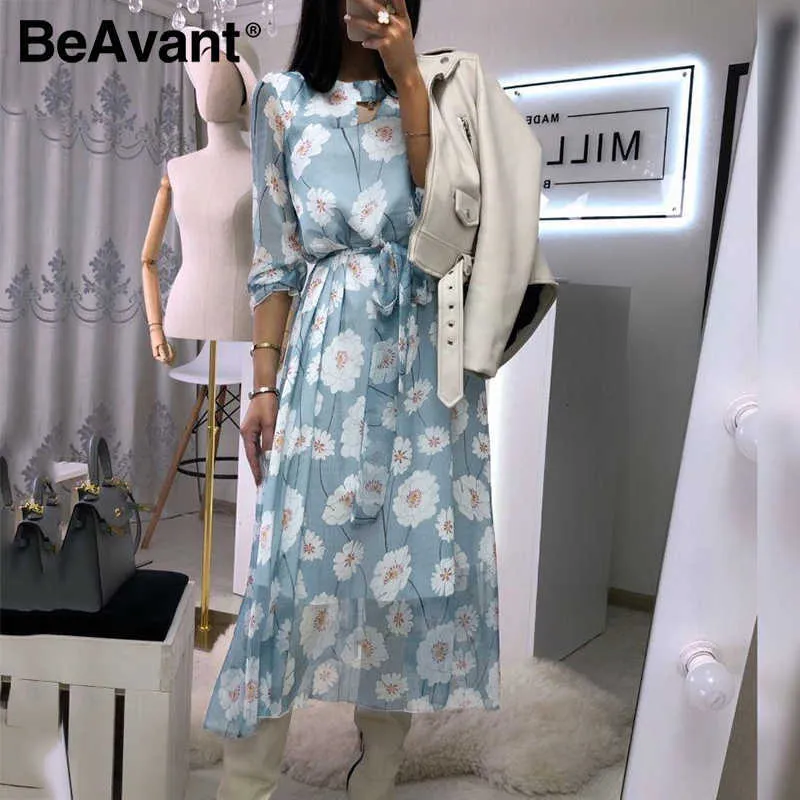 BeAvant Casual Robe à manches évasées Femmes Bureau Dames Taille haute Ceinture Robe longue Robe d'été bleue imprimée florale élégante 210709