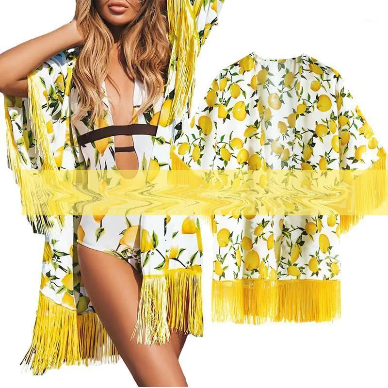 Badrum utflykter kvinnor 2021 strand kläder täcker upp bikini klänning bad kostym citron print smock cardigan chiffong bottenskjorta kvinnors swimwea