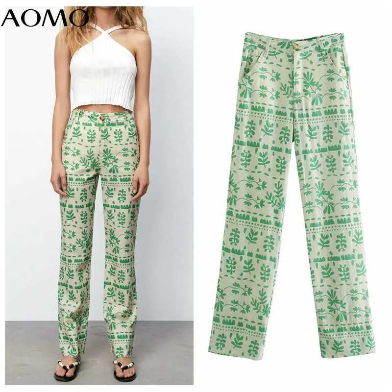 AOMO Fashion Women Green Leaves Print Suit Pantaloni Pantaloni Tasche stile vintage Bottoni Office Lady Pants Pantalon 5Z231A Q0801