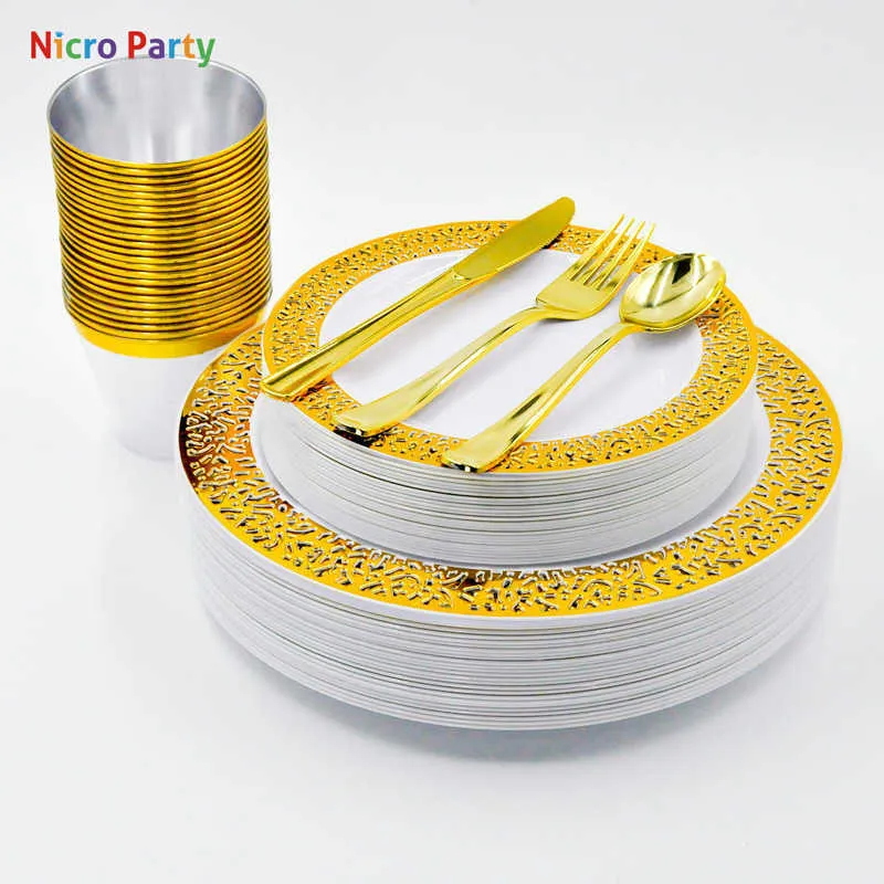 Nicro 150 pcs / set guld silver ros guld koppar plastplattor gaffelknivar skedar disponibel CLEAR DINNEWARE SET 210610