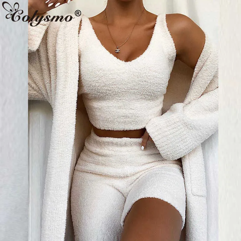 ColySmo Branco Loungewear Set Verão Sem Mangas Colheitas Superior Capas Dois Peça Mulheres Malha De Veludo Casa Desgaste Casual Roupas 210527