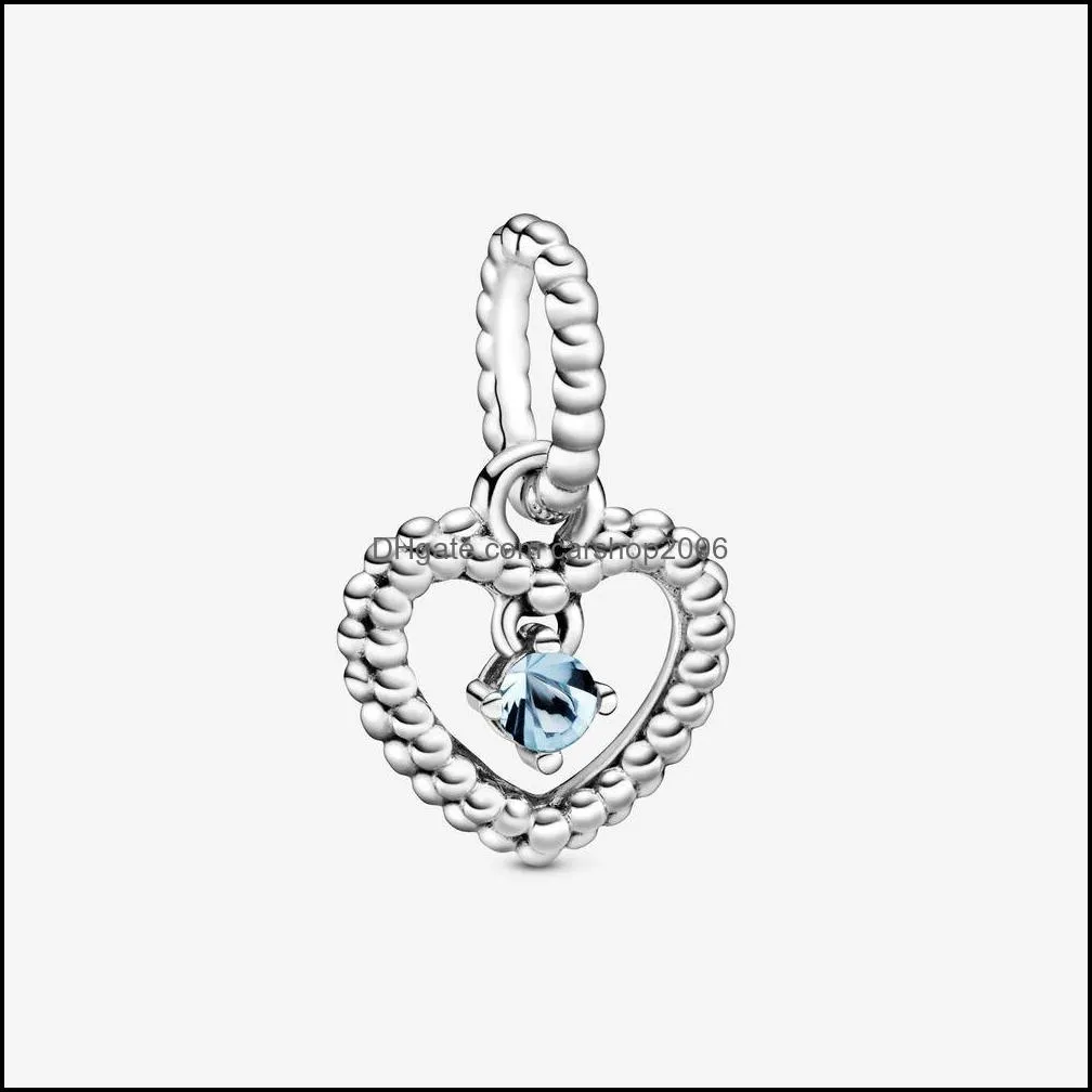 100% 925 Sterling Silver Aqua Blue Beaded Heart Dangle Charms Fit Original European Charm Bracelet Fashion Women Jewelry Accessories