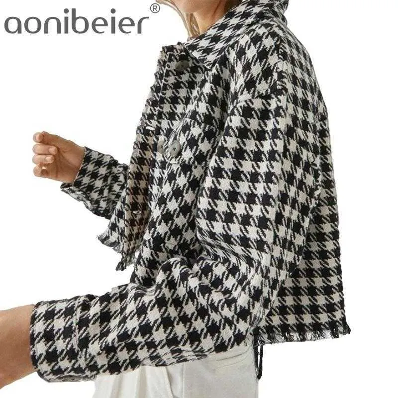 Damesmode single breasted korte zwarte plaid jas zak accessoires retro lange mouw blouse streetwear 210604